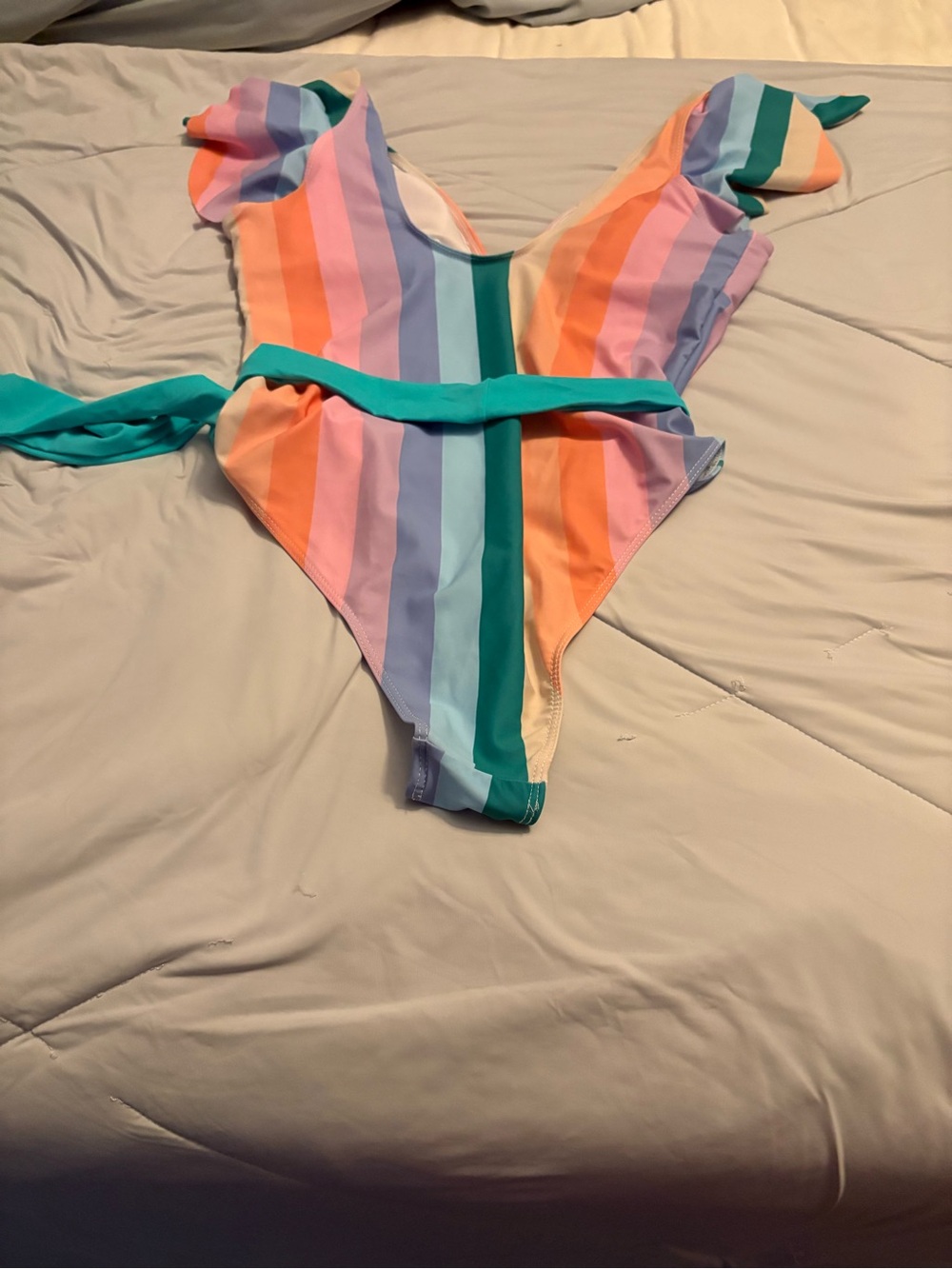 Striped Pastel One-Piece Swimsuit with Waist Tie - Picture 3 of 3